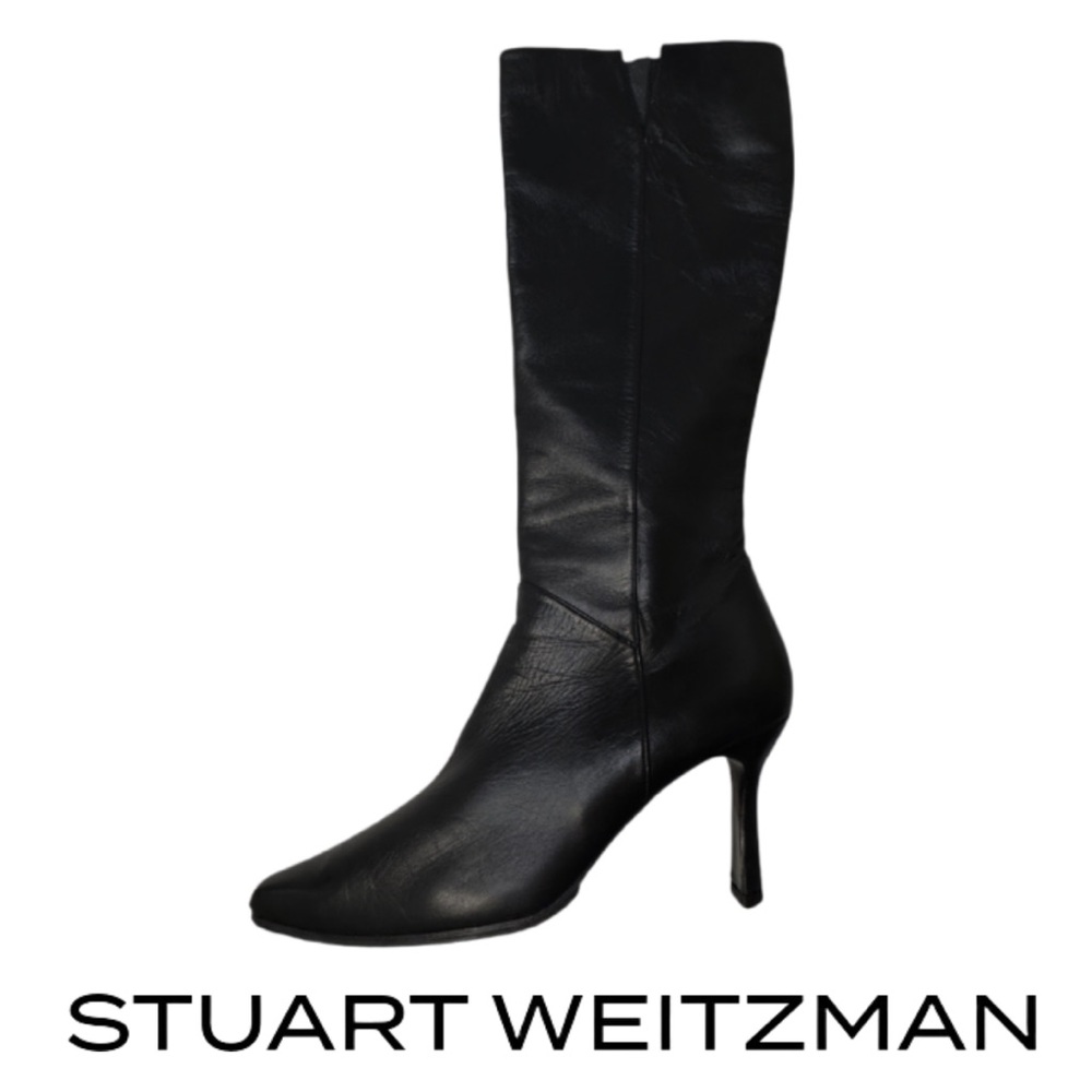 STUART WEITZMAN | Black Leather Square Toe High Heel At The Knee Boots 8 B